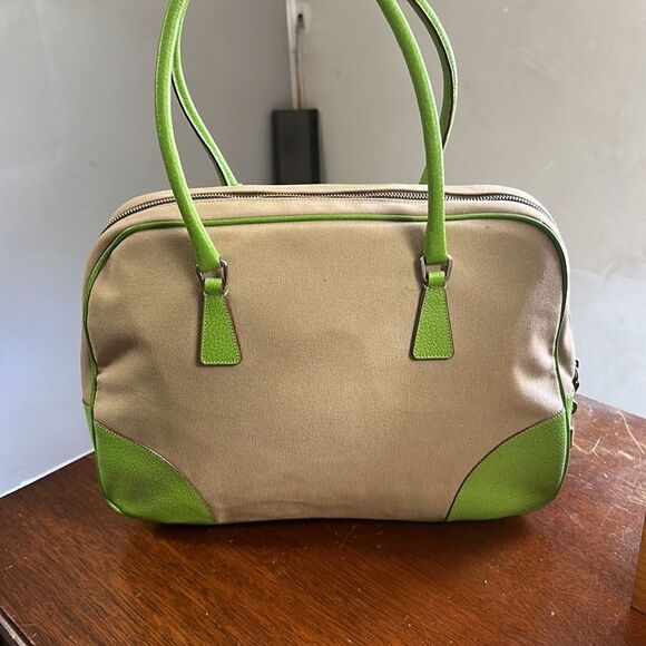 Vintage Prada Large Cinghiale-Trimmed Canapa Bauletto Bag - Picture 7 of 13